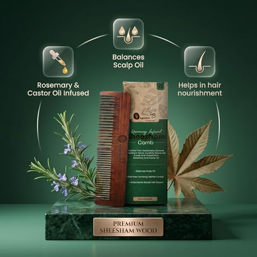 Organic B Rosemary Infused Sheesham Rosewood Wooden Dual Tooth Comb for Curly Thick Hair, Fine & Wide Teeth Detangling Hair Comb, Helps Reduce Frizz, Scalp Massage Styling Tool for Women Men, Natural Daily Care Accessory - Image 2