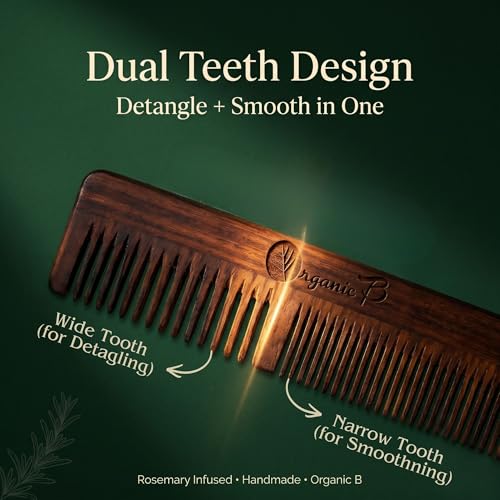 Organic B Rosemary Infused Sheesham Rosewood Wooden Dual Tooth Comb for Curly Thick Hair, Fine & Wide Teeth Detangling Hair Comb, Helps Reduce Frizz, Scalp Massage Styling Tool for Women Men, Natural Daily Care Accessory - Image 3