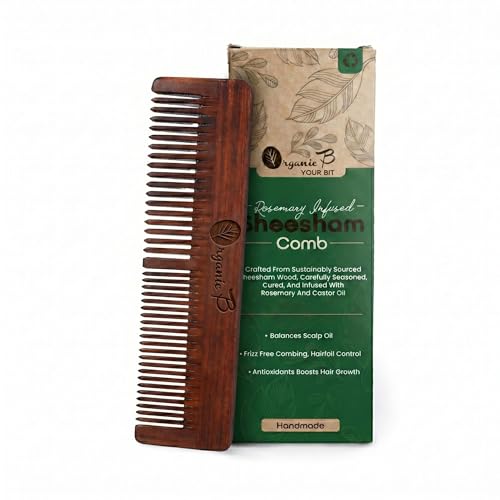 Organic B Rosemary Infused Sheesham Rosewood Wooden Dual Tooth Comb for Curly Thick Hair, Fine & Wide Teeth Detangling Hair Comb, Helps Reduce Frizz, Scalp Massage Styling Tool for Women Men, Natural Daily Care Accessory - Image 1