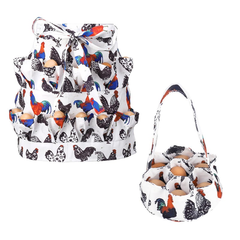 XLSXEXCL Egg Collecting Apron and Basket, 12 Deep Pockets Chicken Apron and 7 Deep Pockets Chicken Egg Basket, Tie:106cm(L) - Image 1