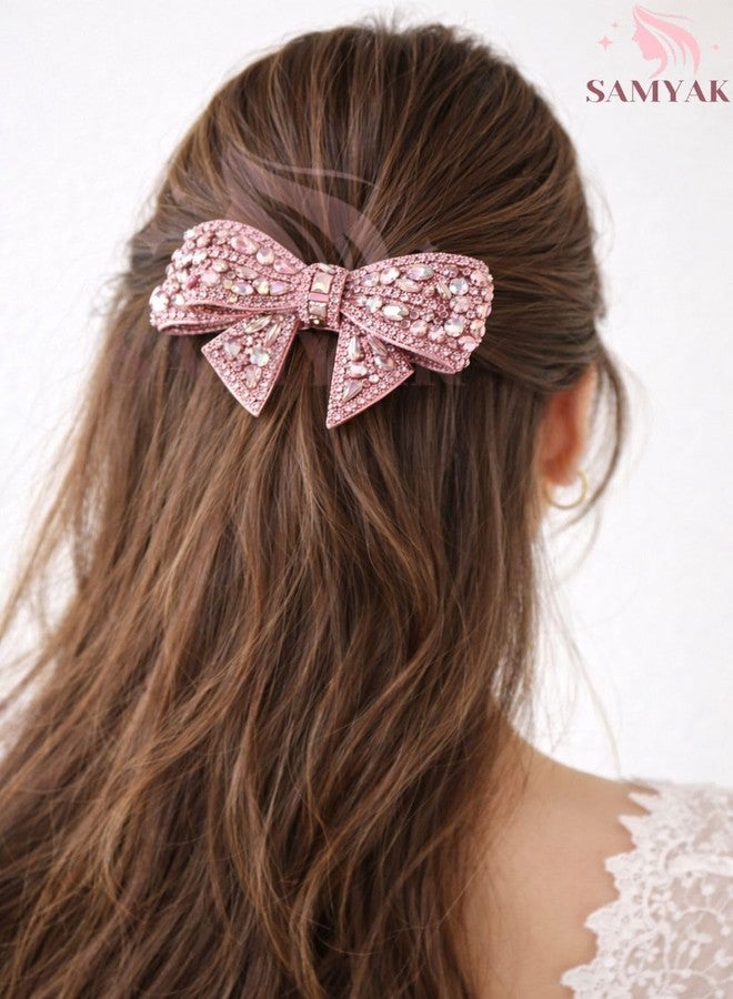 Samyak Rhinestone Bow Hair Clip for Women – Elegant Crystal Bow Barrette with Strong Alligator Clip for Parties, Weddings (Pink) - Image 4