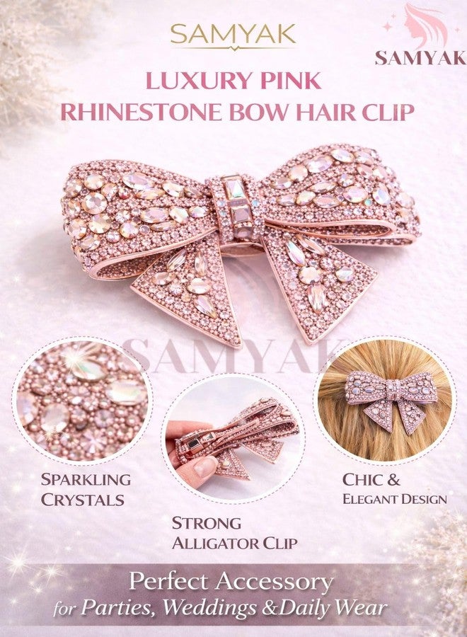 Samyak Rhinestone Bow Hair Clip for Women – Elegant Crystal Bow Barrette with Strong Alligator Clip for Parties, Weddings (Pink) - Image 5