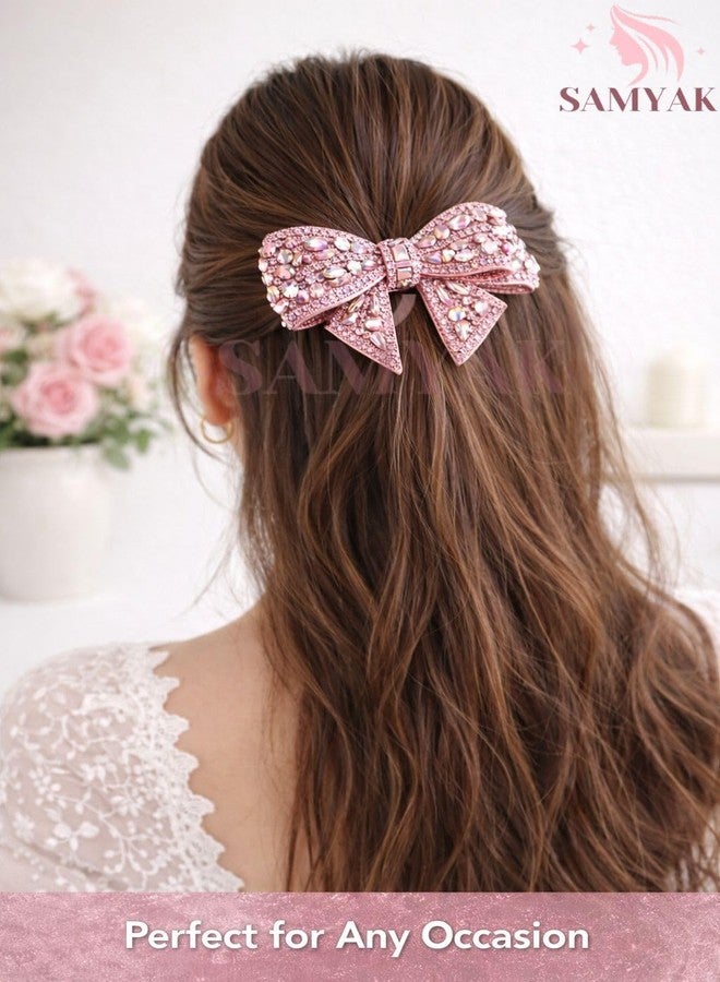 Samyak Rhinestone Bow Hair Clip for Women – Elegant Crystal Bow Barrette with Strong Alligator Clip for Parties, Weddings (Pink) - Image 2