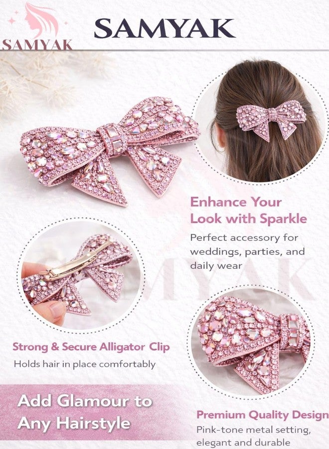 Samyak Rhinestone Bow Hair Clip for Women – Elegant Crystal Bow Barrette with Strong Alligator Clip for Parties, Weddings (Pink) - Image 3