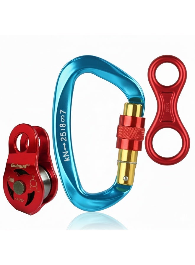 مجموعة تسلق خارجية مكونة من 3 قطع – جهاز هبوط على شكل 8 + مشبك D قابل للقفل + بكرة مفردة، مجموعة للتسلق، الإنقاذ والتدريب على ارتفاعات عالية، مصنوعة من الألمنيوم الجوي - Image 1