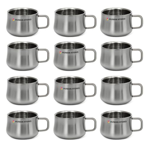 Human Hydro Set of 12 Wide Mini Steel Mugs | 120ml Each | Premium Stainless Steel Tea Cups | Durable, Rust-Free & Dishwasher Safe | Spill-Proof Rim | Ideal for Tea, Coffee, Milk & Daily Use - Image 1