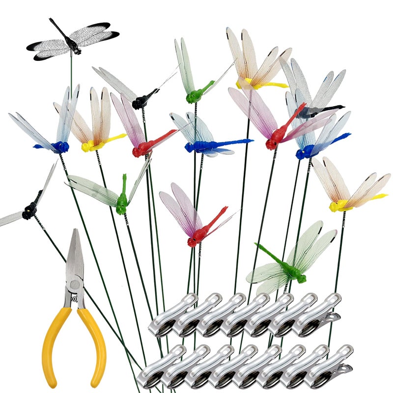 CAMATET 15 Pcs Dragonfly Garden Stakes with Clips, 3D Plastic Fake Dragonfly Garden Stakes with Pliersfor Yard, Patio Outdoor Decor & Indoor Plants Ornaments, Dragon Fly Hat Clip (5 Colors) - Image 1