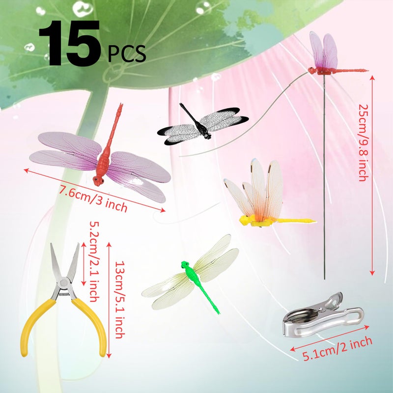 CAMATET 15 Pcs Dragonfly Garden Stakes with Clips, 3D Plastic Fake Dragonfly Garden Stakes with Pliersfor Yard, Patio Outdoor Decor & Indoor Plants Ornaments, Dragon Fly Hat Clip (5 Colors) - Image 2