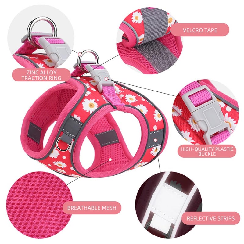 Flymind Step in Dog Harness and Leash Set, Flower Adjustable Easy Walk Puppy Harnesses, Soft Mesh Pet Vest Harness Small Size Dog Adjustable No Pull Dog Harness for Small Medium Dogs(Rose red, S) - Image 2
