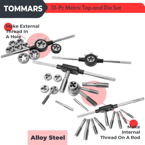 TOMMARS 51-Pc M6 to M24 Jumbo Tap and Die Set Metric Round Threading Dies for Threading and Rethreading Internal and External Threads - Image 4