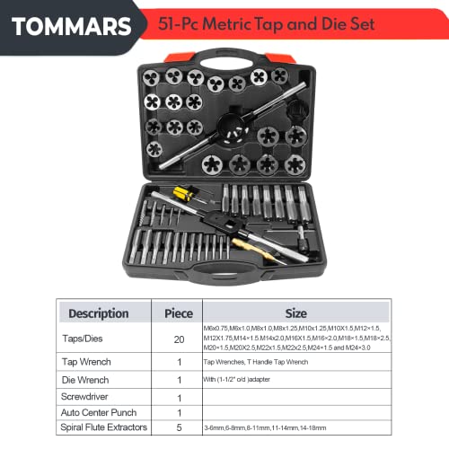 TOMMARS 51-Pc M6 to M24 Jumbo Tap and Die Set Metric Round Threading Dies for Threading and Rethreading Internal and External Threads - Image 3