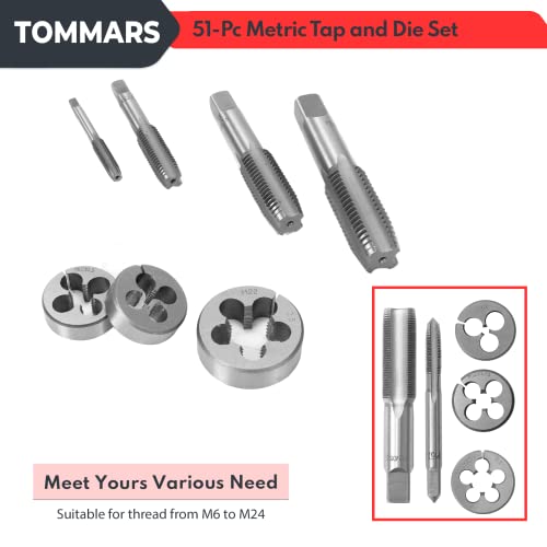 TOMMARS 51-Pc M6 to M24 Jumbo Tap and Die Set Metric Round Threading Dies for Threading and Rethreading Internal and External Threads - Image 5