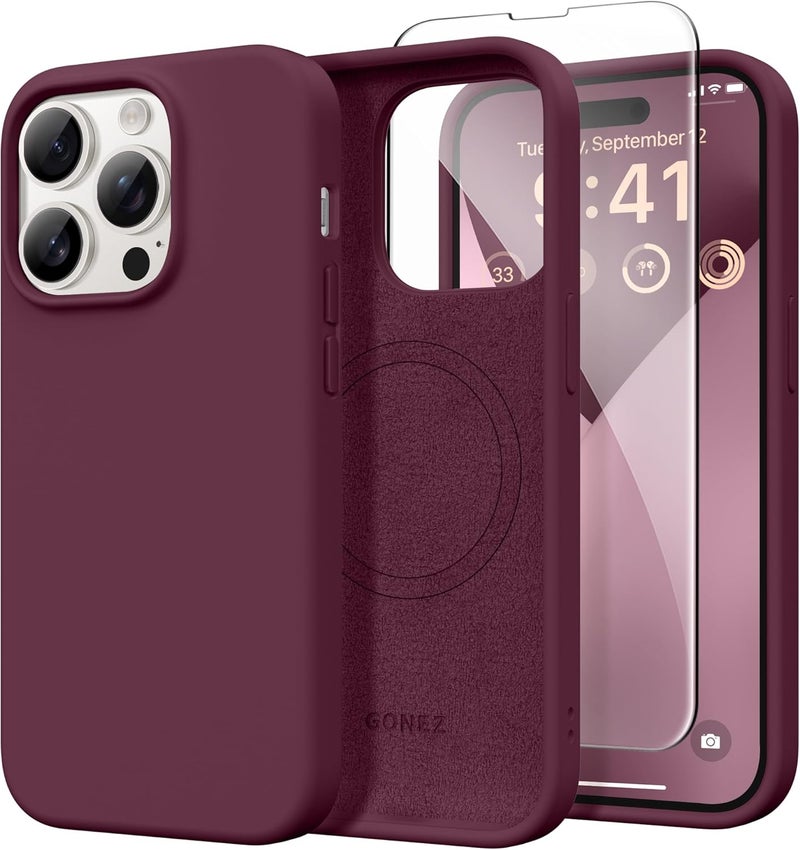 GONEZ for iPhone 14 Pro Case, Compatible with Magsafe, with Screen Protector + Camera Lens Protector, Soft Anti-Scratch Microfiber Lining, Shockproof Liquid Silicone Phone Cover, Wine Red - Image 1