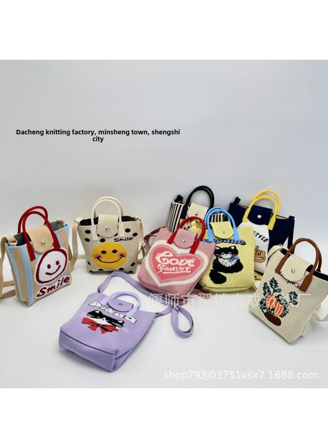 High-end Korean-style Ins Mobile Phone Bag Cartoon Knitted Bag Niche All-match Crossbody Handbag Change-Color:Pink Love Does Not Include Accessories}  - Image 2