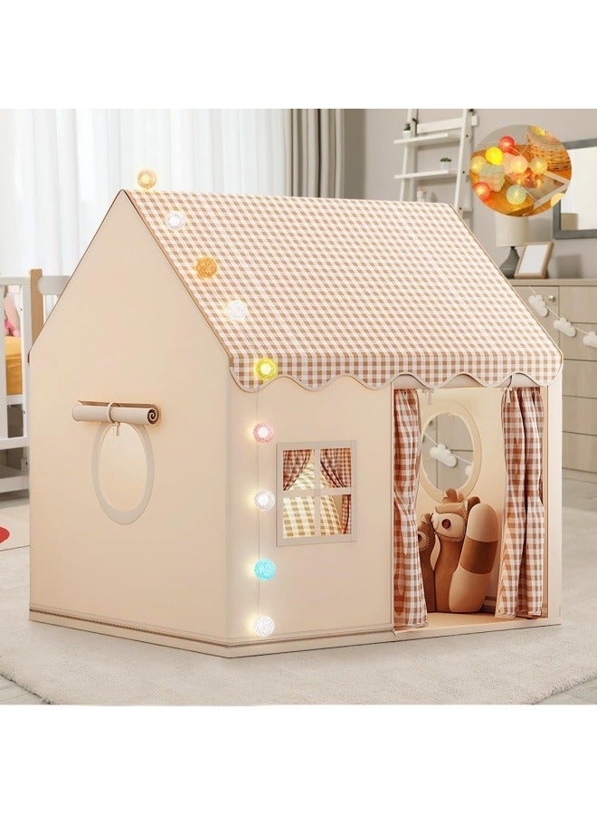 SUPER SO Large Kids Tent Playhouse Indoor Outdoor with LED Lights Toddler Play Tent,Outdoor Playhouse for Baby Princess Castle Tent,Kids Indoor Play Room Toys for Boys Girls 3-10 Years Old (Beige) - Image 1