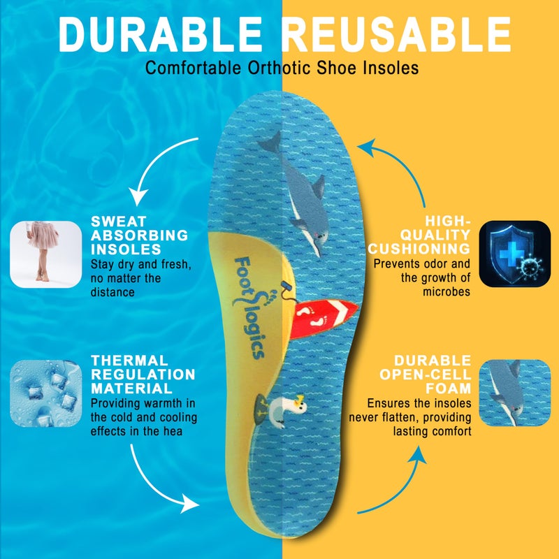 Footlogics Fun Kids Orthotic Shoe Insoles with Arch Support for Childrenâ€™s Heel Pain (Severâ€™s Disease), Growing Pains, Flat Feet - Childrenâ€™s, Pair (Small Kids 11-13, Yellow) - Image 4