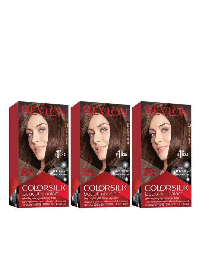 Revlon صبغة شعر ريفلون الدائمة، صبغة شعر دائمة، كولورسيلك مع تغطية 100% للشعر الرمادي، خالية من الأمونيا، كيراتين وأحماض أمينية، 33 بني داكن ناعم، 4.4 أونصة (عبوة من 3) - Image 1