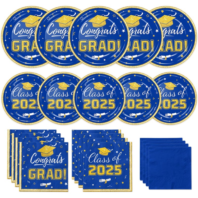 Graduation Plates and Napkins 2025 Graduation Party Supplies Congrats Grad Disposable Paper Plates Cocktail Napkins Luncheon Napkins for Blue and Gold Graduation Party Decorations Serve 50