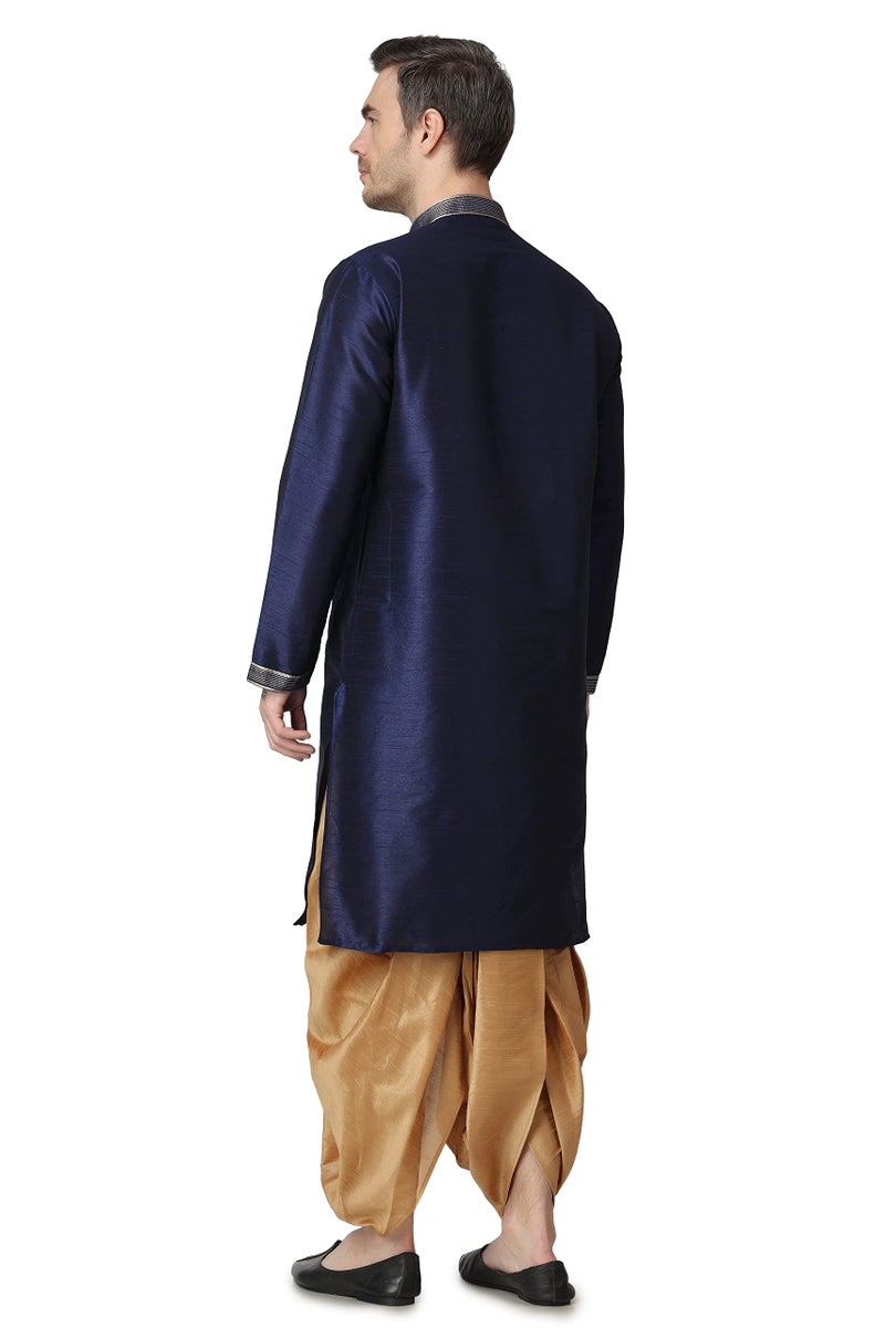 Royal Kurta Mens Cotton Silk Embroidered Kurta and Dhoti Pant Set (44, Navy Blue) - Image 3