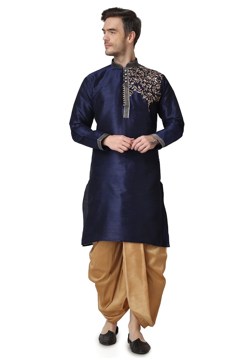 Royal Kurta Mens Cotton Silk Embroidered Kurta and Dhoti Pant Set (44, Navy Blue) - Image 2