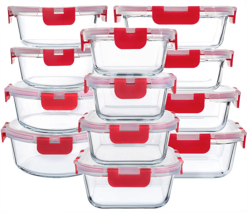 M MCIRCO 24-Piece Glass Food Storage Containers with Locking Lids,Glass Meal Prep Containers Set - Airtight Lunch Containers, Microwave, Oven, Freezer and Dishwasher, Red - Image 1