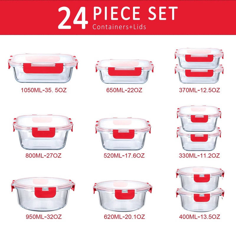 M MCIRCO 24-Piece Glass Food Storage Containers with Locking Lids,Glass Meal Prep Containers Set - Airtight Lunch Containers, Microwave, Oven, Freezer and Dishwasher, Red - Image 2