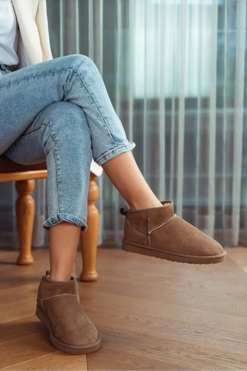 Nişantaşı Shoes Mini Dark Beige Suede Ankle Boots with Furry Inside Flat Sole Women's Shoes