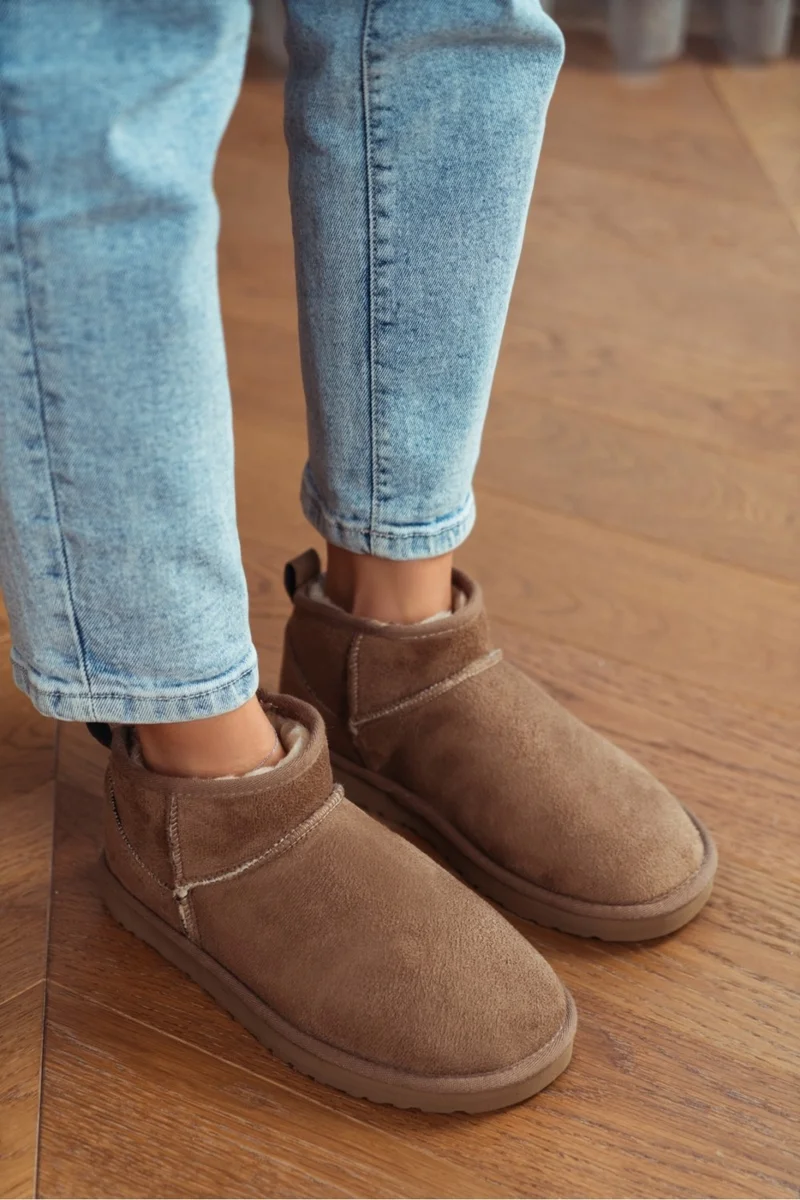 Nişantaşı Shoes Mini Dark Beige Suede Ankle Boots with Furry Inside Flat Sole Women's Shoes