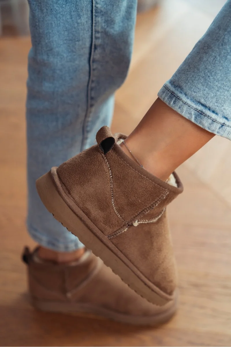 Nişantaşı Shoes Mini Dark Beige Suede Ankle Boots with Furry Inside Flat Sole Women's Shoes