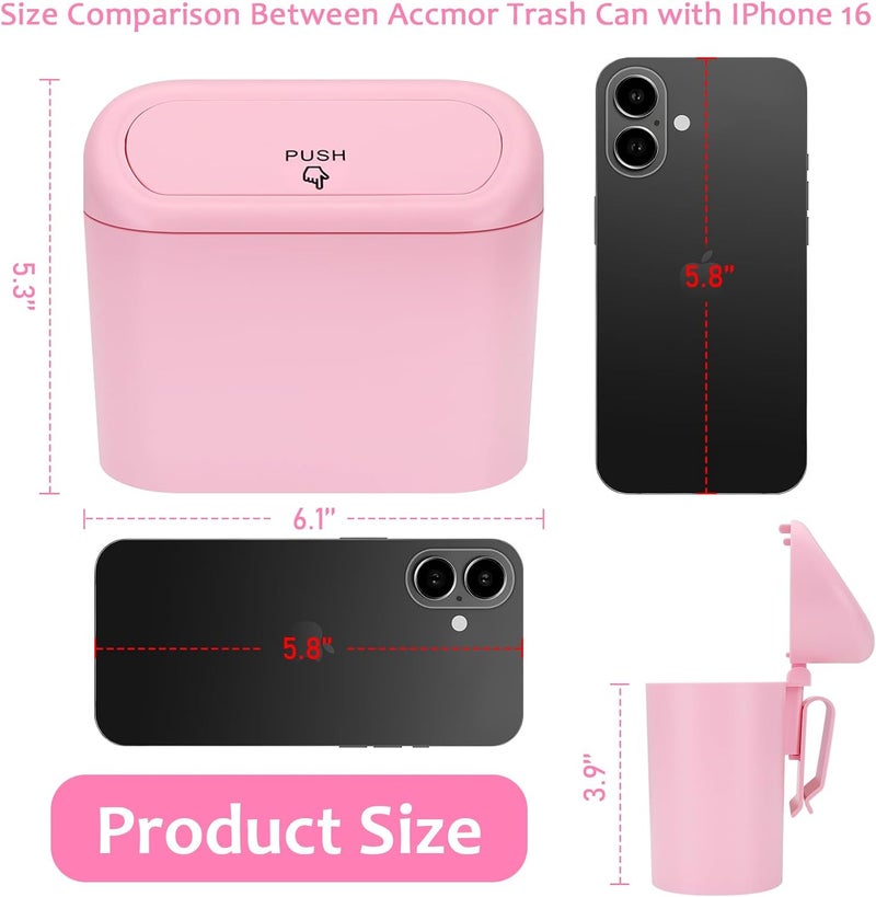 accmor Car Trash Can with Lid, Vehicle Trash Bin Car Dustbin Garbage Organizer Holder with One Roll Trash Bag, Portable Hanging Mini Leakproof Cars Storage Bag Container for Auto, SUV, Office (Pink) - Image 2