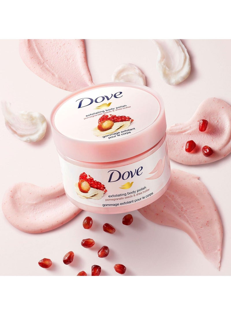 Dove Exfoliating Body Polish Scrub, Pomegranate & Shea Butter, with ¼ moisturising cream, 225ml - Image 4