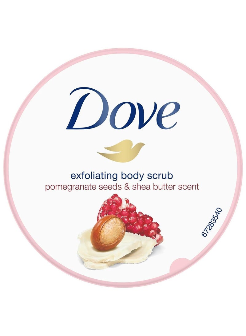 Dove Exfoliating Body Polish Scrub, Pomegranate & Shea Butter, with ¼ moisturising cream, 225ml - Image 1