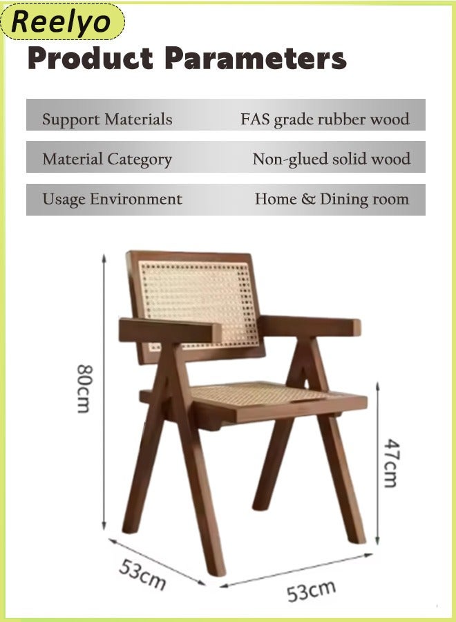 Reelyo Solid Wood Frame Armchair, Mid century Modern Accent Dining Chair with Rattan Design, Outdoor Comfy Rattan Chairs, Boho Side Corner Lounge Chair, Perfect for Home Office Bedroom Living Room Reading Room Kitchen and Dining Room, Brown (Similar to Walnut) - Image 2