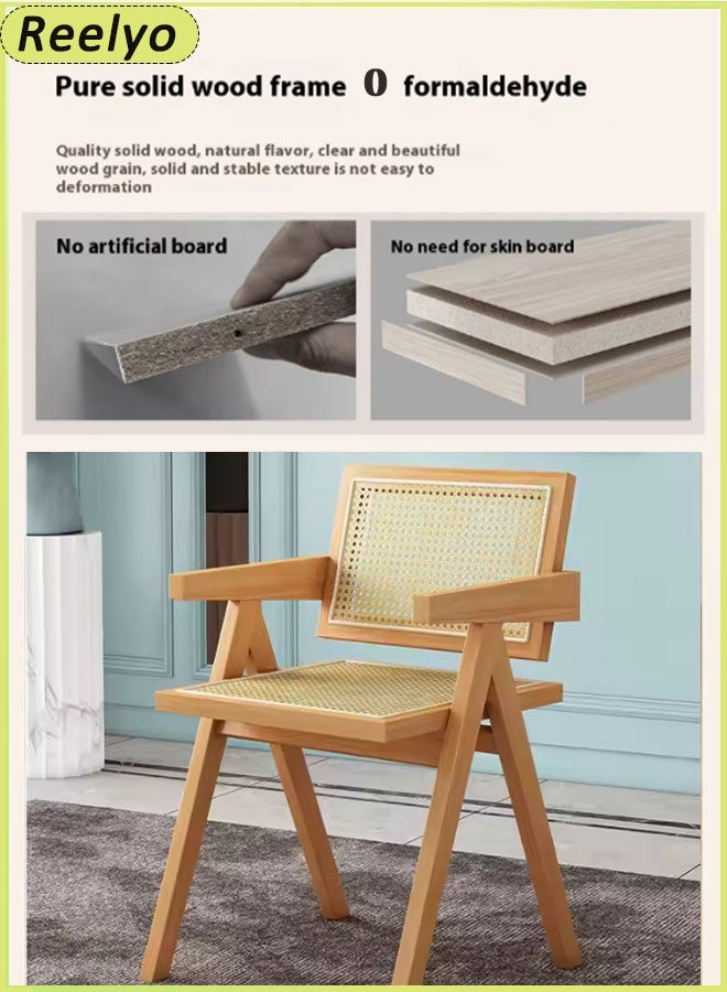 Reelyo Solid Wood Frame Armchair, Mid century Modern Accent Dining Chair with Rattan Design, Outdoor Comfy Rattan Chairs, Boho Side Corner Lounge Chair, Perfect for Home Office Bedroom Living Room Reading Room Kitchen and Dining Room, Brown (Similar to Walnut) - Image 3