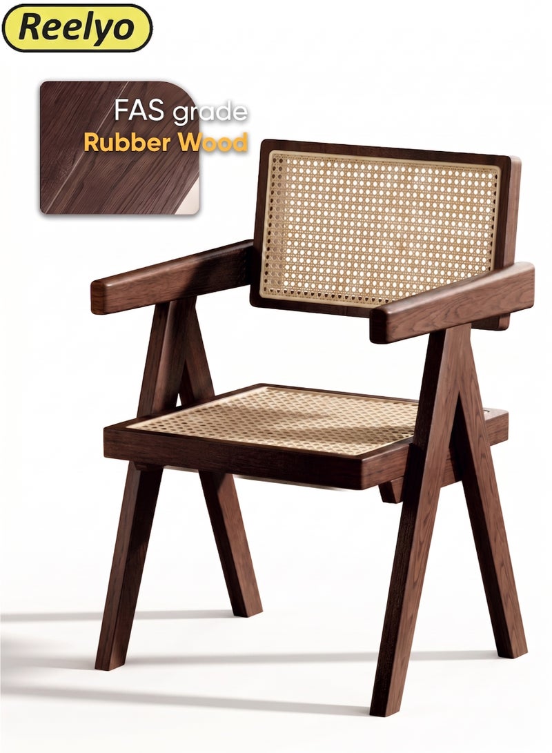 Reelyo Solid Wood Frame Armchair, Mid century Modern Accent Dining Chair with Rattan Design, Outdoor Comfy Rattan Chairs, Boho Side Corner Lounge Chair, Perfect for Home Office Bedroom Living Room Reading Room Kitchen and Dining Room, Brown (Similar to Walnut) - Image 1