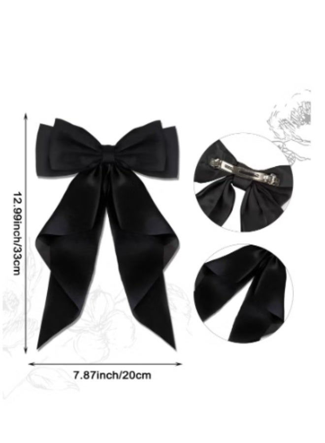 قطعتان من مشابك الشعر الكبيرة على شكل فيونكة مع ساتان حريري طويل، مشبك شعر فرنسي بلون موحد، إكسسوارات بسيطة لتثبيت الشعر للنساء والفتيات (أسود/أبيض) - Image 2