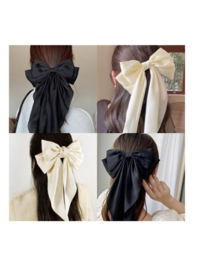 قطعتان من مشابك الشعر الكبيرة على شكل فيونكة مع ساتان حريري طويل، مشبك شعر فرنسي بلون موحد، إكسسوارات بسيطة لتثبيت الشعر للنساء والفتيات (أسود/أبيض) - Image 3