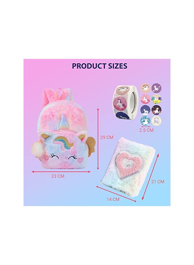 Raxoom Fluffy Unicorn Backpack Rainbow Plush Bag With Fuzzy Notebook & Stickers Cute And Soft Toy For Stylish School Supplies - Perfect Girl'S Dream Gift And Diary Notebook For Kids - Image 2