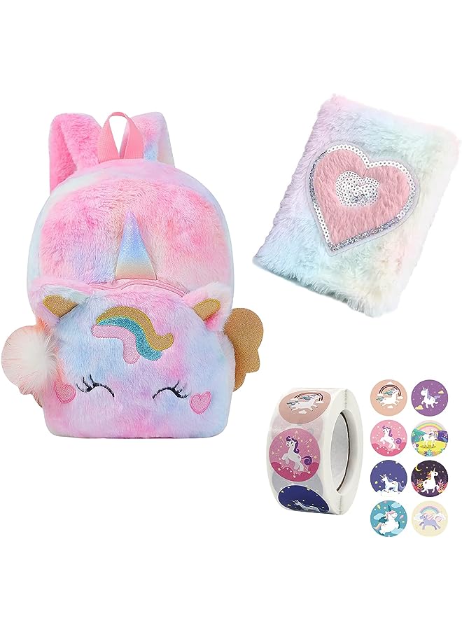 Raxoom Fluffy Unicorn Backpack Rainbow Plush Bag With Fuzzy Notebook & Stickers Cute And Soft Toy For Stylish School Supplies - Perfect Girl'S Dream Gift And Diary Notebook For Kids - Image 1