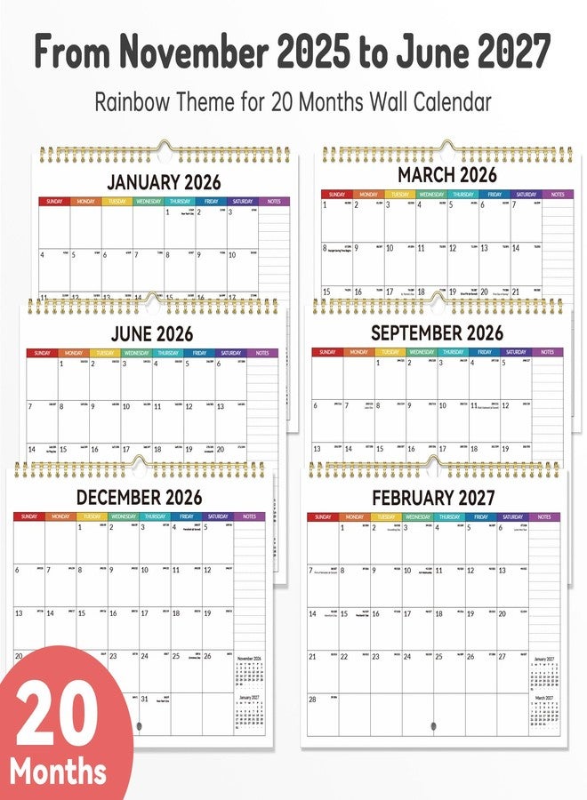 Forvencer 2026 Calendar, 20-Month Wall Calendars, Nov 2025 to Jun 2027, 11" x 8.5" Monthly Planner with Full Page Notes Section & Stickers, Unruled Blocks, Spiral Binding Hanging for Home Office - Image 2