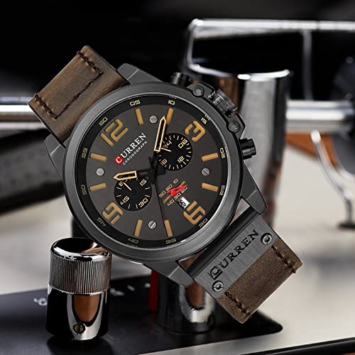 Fanmis Mens Leather Strap Watches Classic Sandwich Dial Casual Dress Stainless Steel Waterproof Chronograph Date Analog Quartz Watch (Black Coffee) - Image 5