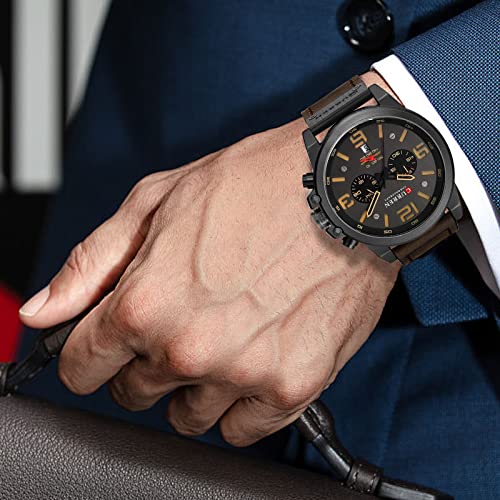 Fanmis Mens Leather Strap Watches Classic Sandwich Dial Casual Dress Stainless Steel Waterproof Chronograph Date Analog Quartz Watch (Black Coffee) - Image 4