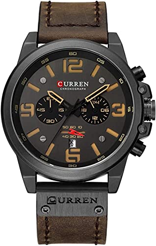 Fanmis Mens Leather Strap Watches Classic Sandwich Dial Casual Dress Stainless Steel Waterproof Chronograph Date Analog Quartz Watch (Black Coffee) - Image 1