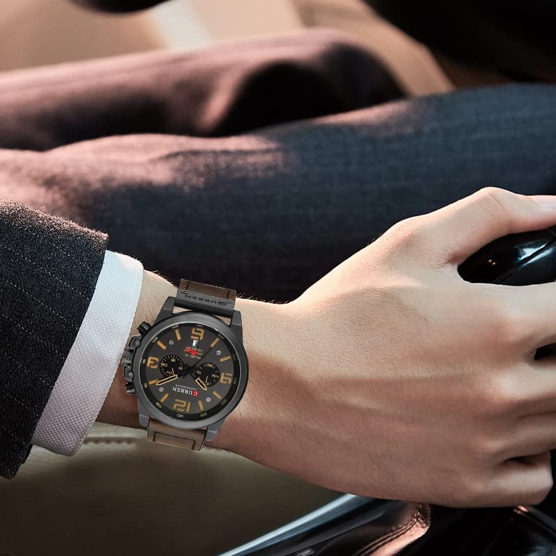 Fanmis Mens Leather Strap Watches Classic Sandwich Dial Casual Dress Stainless Steel Waterproof Chronograph Date Analog Quartz Watch (Black Coffee) - Image 2
