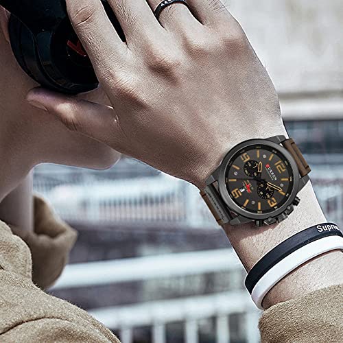 Fanmis Mens Leather Strap Watches Classic Sandwich Dial Casual Dress Stainless Steel Waterproof Chronograph Date Analog Quartz Watch (Black Coffee) - Image 3