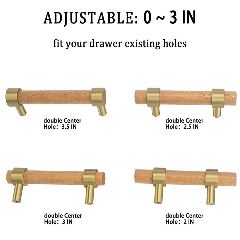 foxwake Wood and Brass Dresser Handles 0~3 Inch Double Hole 4Set Adjustable Center to Center Euro Scandi-Modern Kitchen Cabinet Pull, Unfinished DIY Wood and Metal Drawer Knob - Image 3