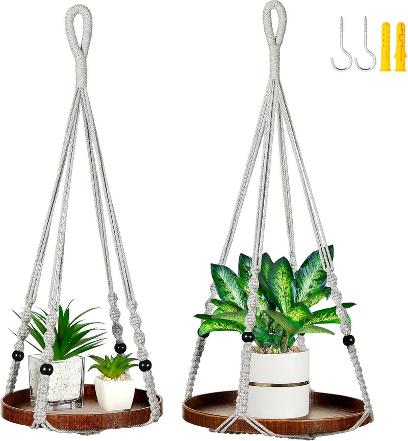 Shineloha 2 Pack Macrame Plant Hanger | Plant Hanger Indoor, Hanging Planter Shelf | Hanging Planter (Light Grey) (1 Large + 1 Medium) - Image 1