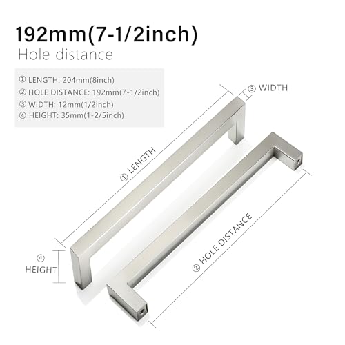 Redunest Cabinet Pulls Brushed Nickel Cabinet Handles Square Drawer Pulls 10 Pack 712 Inch Stainless Steel Kitchen Door Cupboard Cabinet Handles Cabinet Hardware Drawer Handles 192mm Hole Centers - Image 3