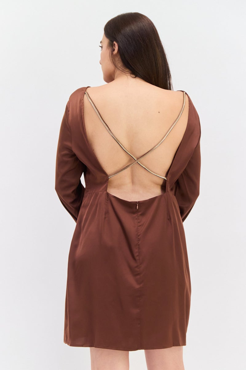 Lola May Women Solid Mini Dress, Brown - Image 3