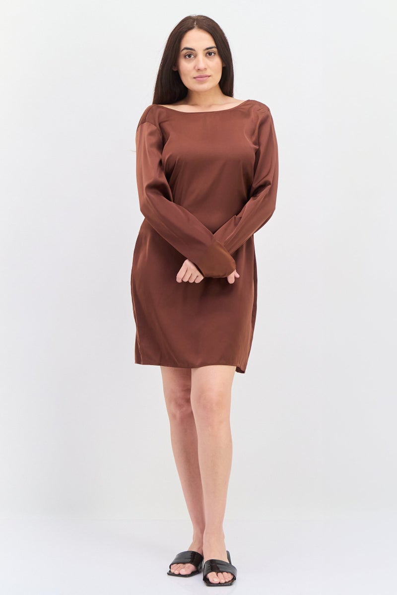 Lola May Women Solid Mini Dress, Brown - Image 4